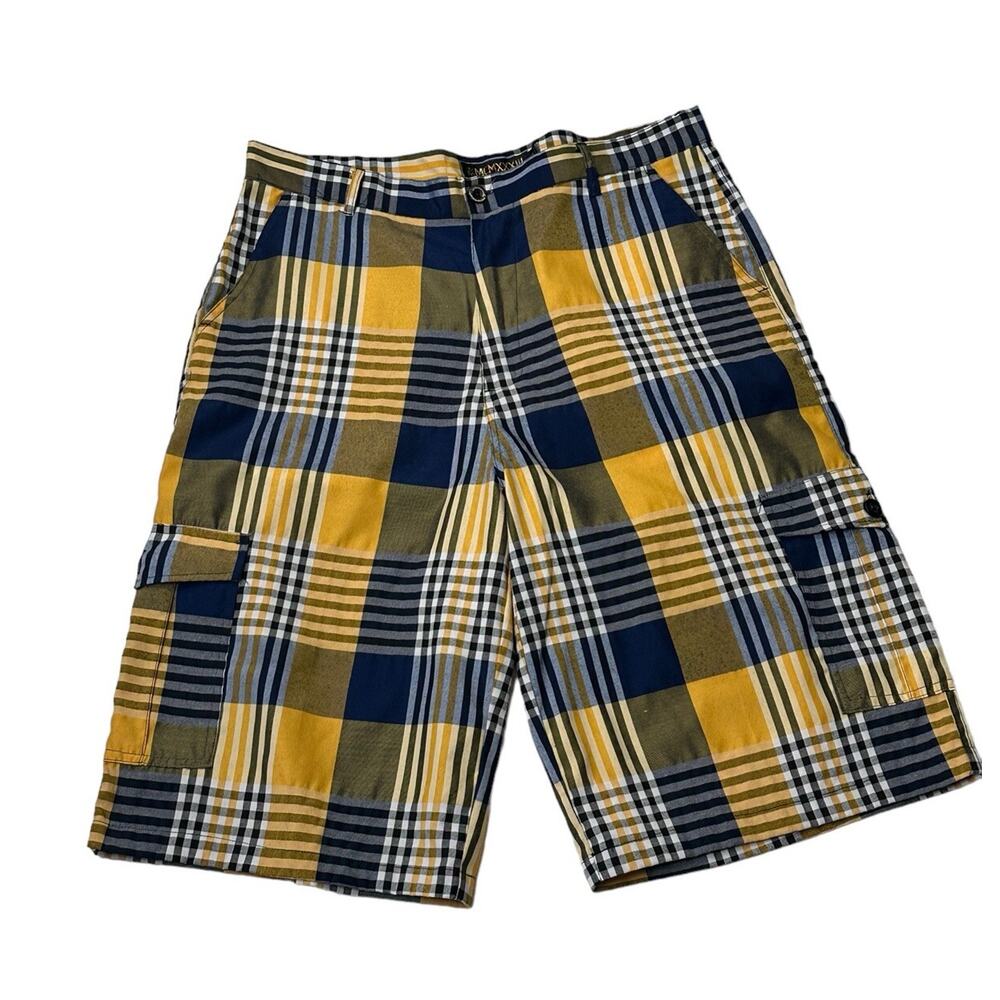 Red Ape MCMXXXIII Men’s Plaid Navy/Yellow Cargo Shorts Sz 36